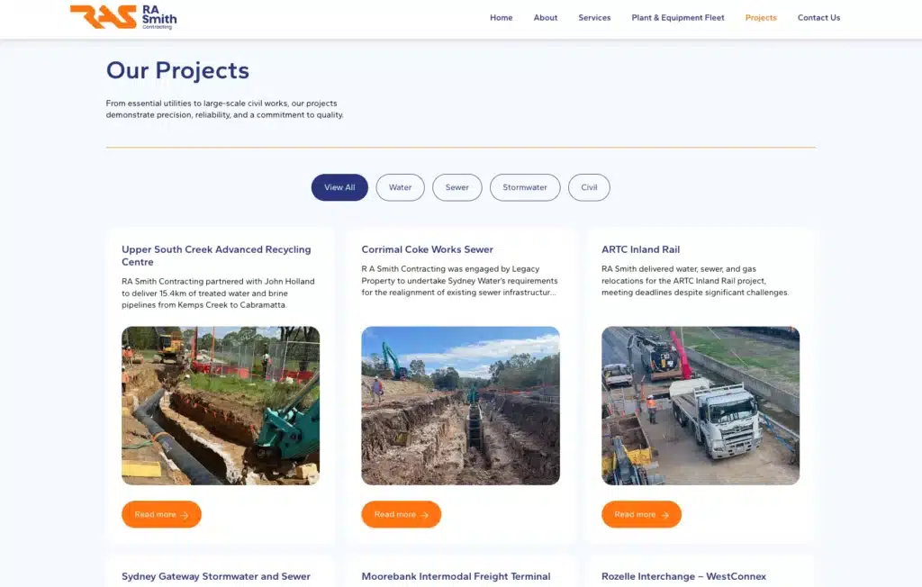 Screenshot of a case study website page titled "Our Projects," featuring impactful design with three project showcases, images, categories, and a navigation menu at the top.